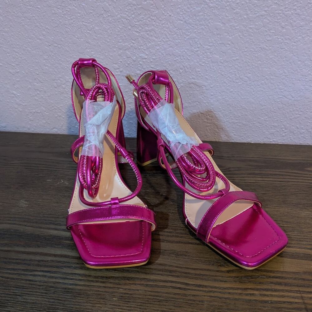 NWOB NY&C Metallic Pink Lace Up Wrap Around Block Heel Size 10 - Picture 2 of 7